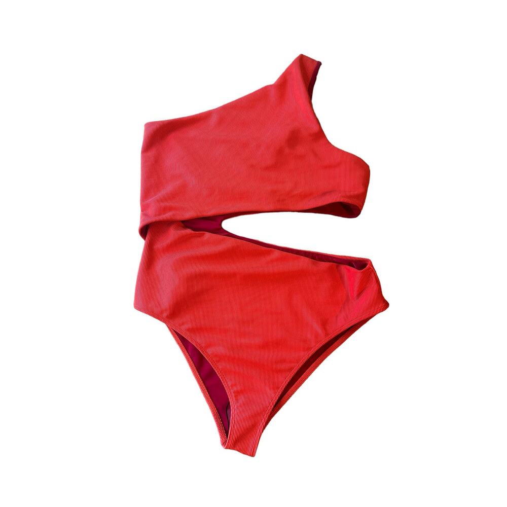 Beach Riot Celine One Shoulder Cutout One Piece Red Ribbed Swimsuit Size XL - Picture 3 of 7